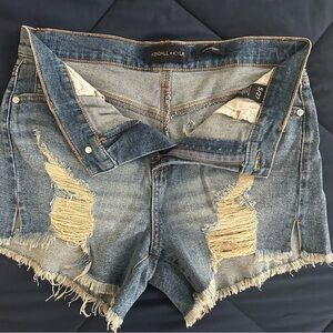Kendall & Kylie Ripped Jean Shorts - Blue and Tan